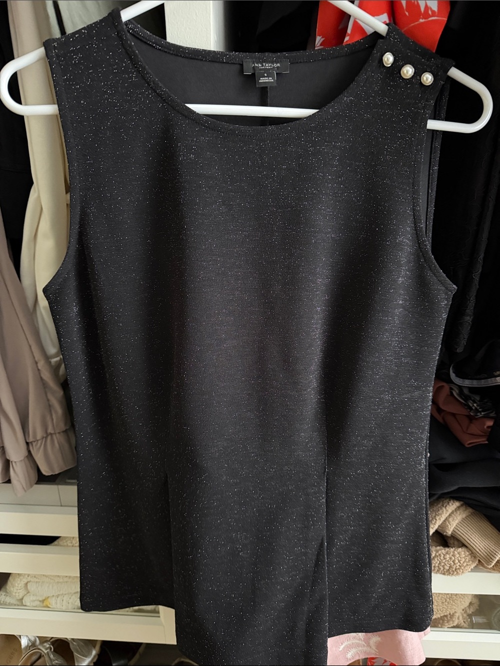 Ann Taylor Factory Black Sparkle Pearl-Button Sleeveless Blouse